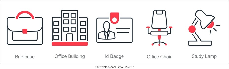 A set of 5 Office icons as briefcase, office building, id badge