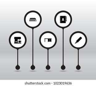 Set of 5 office icons set. Collection of book, label, date and other elements.