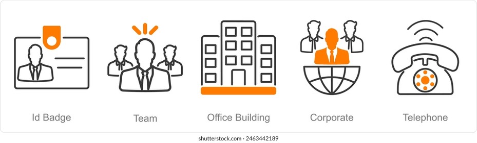 A set of 5 Office icons as id badge, team, office building