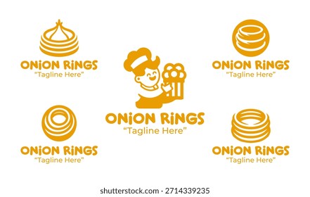 Un conjunto de 5 diseños de logo de anillos de cebolla creados para marcas de aperitivos y restaurantes de comida rápida. Adecuado para menús, empaques e identidad de comedor casual.