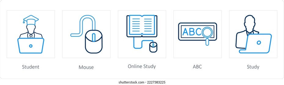 A set of 5 online education icons such as student, mouse, online study