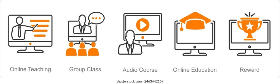 A set of 5 Online Education icons as online teaching, group class, audio course