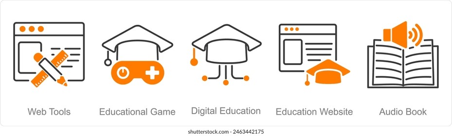 A set of 5 Online Education icons as web tools, educational game, digital education