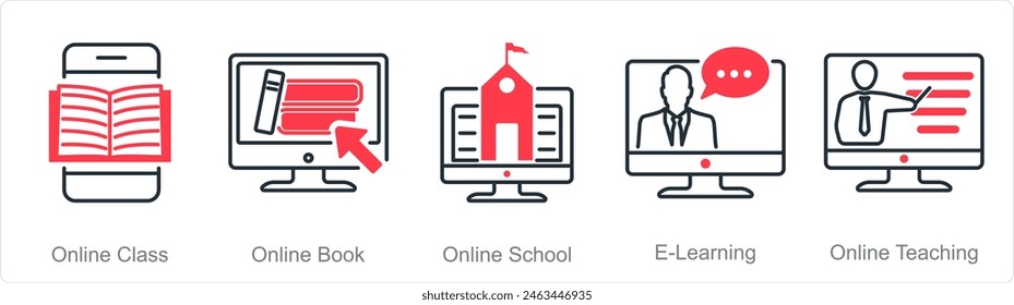 A set of 5 Online Education icons as online class, online book, online school
