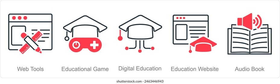 Un conjunto de 5 iconos de Educación en línea como herramientas de Web, juego educativo, educación digital