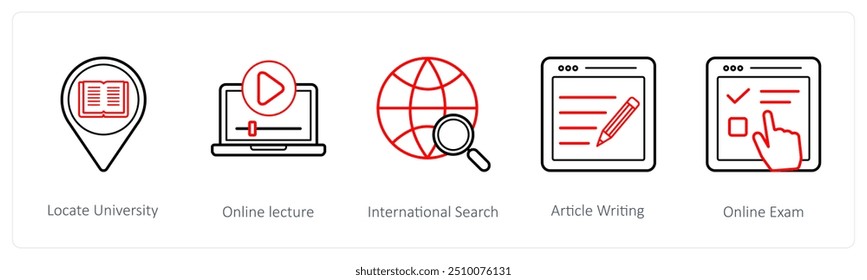 A set of 5 online education icons such as locate university, online lecture