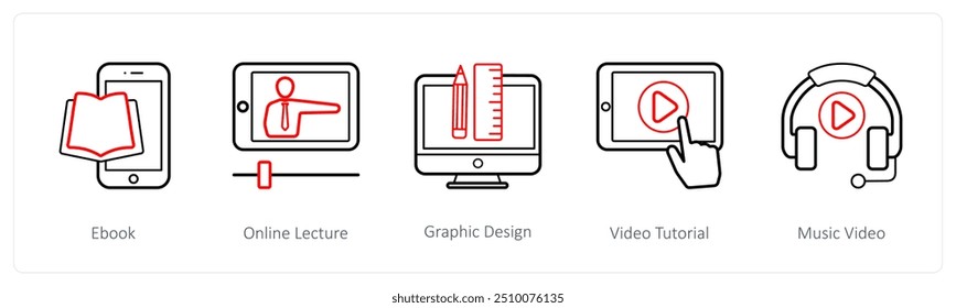 Um conjunto de 5 ícones de educação on-line, como e book, palestra on-line