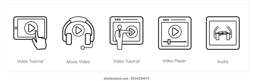 Um conjunto de 5 ícones de educação on-line, como vídeo tutorial, vídeo de música