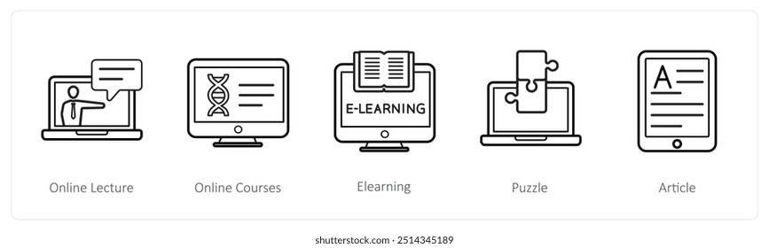 A set of 5 online education icons such as online lecture, online courses