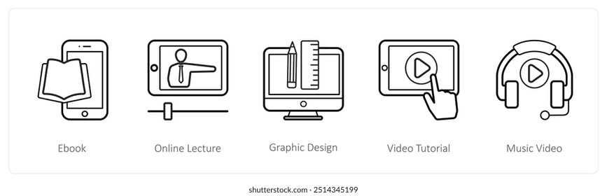 Um conjunto de 5 ícones de educação on-line, como e book, palestra on-line