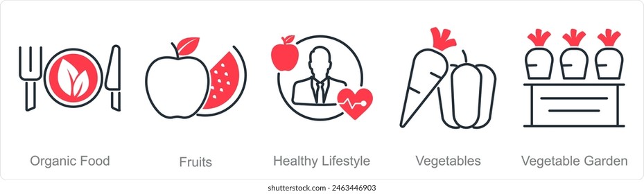 A set of 5 Organic Farming icons as organic food, fruits, healthy lifestyle