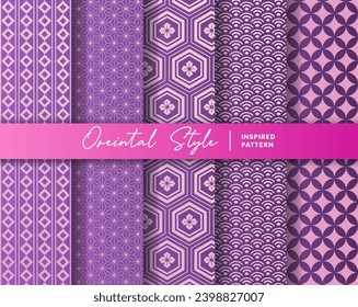 Conjunto de 5 trasfondo de patrón interminable e impecable de estilo oriental. Inspirado por el patrón textil japonés tradicional. Color en morado y rosa.