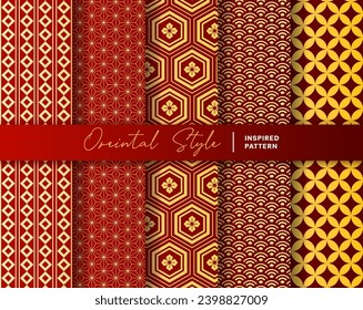 Set of 5 Oriental Style Seamless and Endless Pattern Backgound. Inspired by  Traditional Japanese Textile Pattern. Color in Red and Gold.