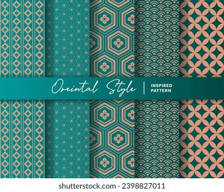 Conjunto de 5 trasfondo de patrón interminable e impecable de estilo oriental. Inspirado por el patrón textil japonés tradicional. Color en verde y rosa salmón.