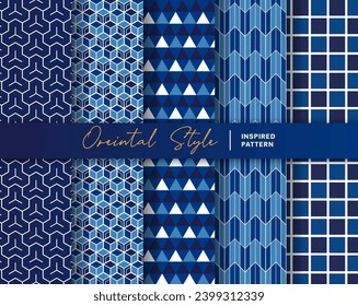 Set of 5 Oriental Style Seamless and Endless Pattern Backgound. Inspired by  Traditional Japanese Textile Pattern. Color in Blue and White Color.