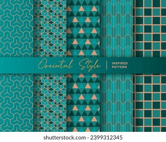 Set of 5 Oriental Style Seamless and Endless Pattern Backgound. Inspired by  Traditional Japanese Textile Pattern. Color in Green and Salmon Pink.