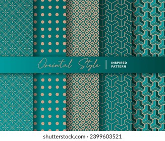 Conjunto de 5 trasfondo de patrón interminable e impecable de estilo oriental. Inspirado por el patrón textil japonés tradicional. Color en verde y rosa salmón.