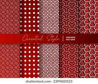 Set of 5 Oriental Style Seamless and Endless Pattern Backgound. Inspired by  Traditional Japanese Textile Pattern. Color in Red.