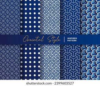Set of 5 Oriental Style Seamless and Endless Pattern Backgound. Inspired by  Traditional Japanese Textile Pattern. Color in Blue.