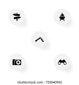 Set Of 5 Outdoor Icons Set.Collection Of Photo Camera, Signpost, Bbq And Other Elements.