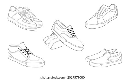 5 Umrisse Cool Sneakers. Schuhe Sneaker Umrisslinie Vektorgrafik, Turnschuhe gezeichnet in Skizze Stil, Sneaker Trainer Template Umriss, Set Collection. Vektorgrafik.