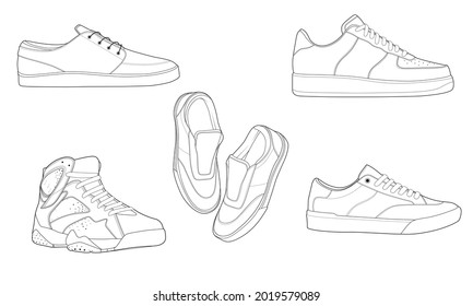 set of 5 outline Cool Sneakers. Shoes sneaker outline drawing vector, Sneakers drawn in a sketch style, sneaker trainers template outline, Set Collection. vector Illustration.