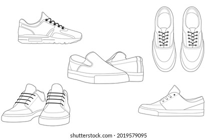 set of 5 outline Cool Sneakers. Shoes sneaker outline drawing vector, Sneakers drawn in a sketch style, sneaker trainers template outline, Set Collection. vector Illustration.