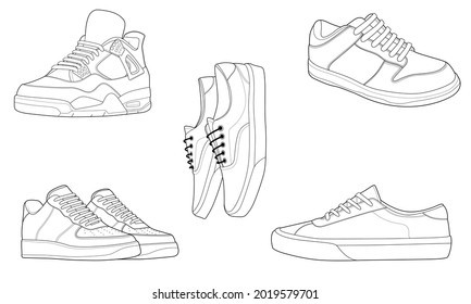 set of 5 outline Cool Sneakers. Shoes sneaker outline drawing vector, Sneakers drawn in a sketch style, sneaker trainers template outline, Set Collection. vector Illustration.