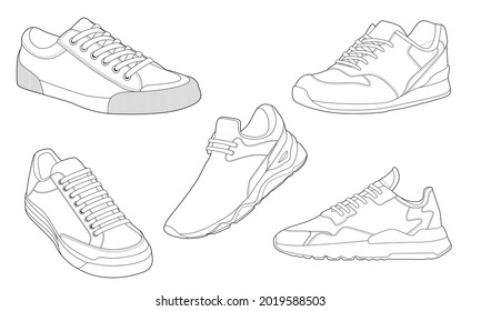 set of 5 outline Cool Sneakers. Shoes sneaker outline drawing vector, Sneakers drawn in a sketch style, sneaker trainers template outline, Set Collection. vector Illustration.