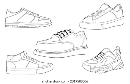 set of 5 outline Cool Sneakers. Shoes sneaker outline drawing vector, Sneakers drawn in a sketch style, sneaker trainers template outline, Set Collection. vector Illustration.