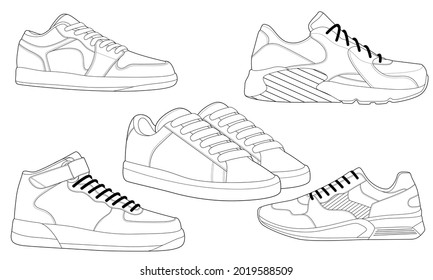 Set Of 5 Outline Cool Sneakers. Shoes Sneaker Outline Drawing Vector, Sneakers Drawn In A Sketch Style, Sneaker Trainers Template Outline, Set Collection. Vector Illustration.