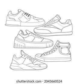 Set Of 5 Outline Cool Sneakers. Shoes Sneaker Outline Drawing Vector, Sneakers Drawn In A Sketch Style, Sneaker Trainers Template Outline, Set Collection. Vector Illustration.