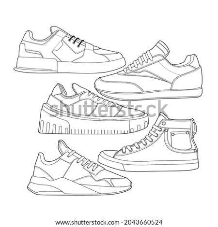 set of 5 outline Cool Sneakers. Shoes sneaker outline drawing vector, Sneakers drawn in a sketch style, sneaker trainers template outline, Set Collection. vector Illustration.