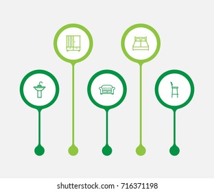 Set Of 5 Set Outline Icons Set.Collection Of Armchair, Bar Stool, Double Bed And Other Elements.