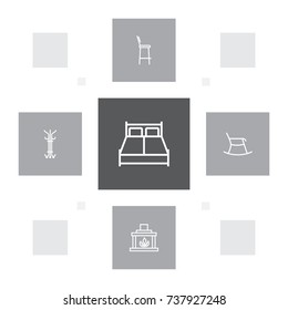 Set Of 5 Set Outline Icons Set.Collection Of Bar Stool, Hanger, Fireplace And Other Elements.