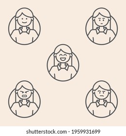 Set of 5 outline persona avatars icons with emoji style, showing different levels of mood, experience, satisfaction or happiness.