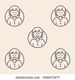 Set of 5 outline persona avatars icons with style, showing different levels of mood, experience, satisfaction or happiness.