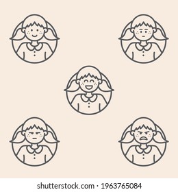 Set of 5 outline persona avatars icons with emoji style, showing different levels of mood, experience, satisfaction or happiness.