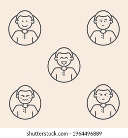 Set of 5 outline persona avatars icons with emoji style, showing different levels of mood, experience, satisfaction or happiness.