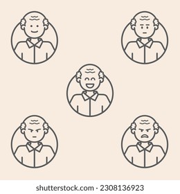 Set of 5 outline persona avatars icons with emoji style, showing different levels of mood, experience, satisfaction or happiness.