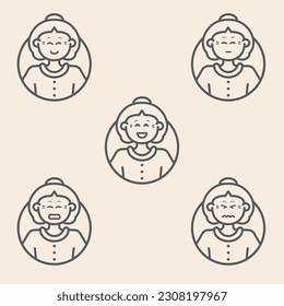Set of 5 outline persona avatars icons with emoji style, showing different levels of mood, experience, satisfaction or happiness.