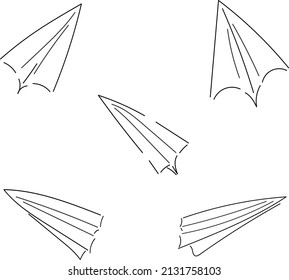 A set of 5 paper airplanes. Contour hand-drawn elements