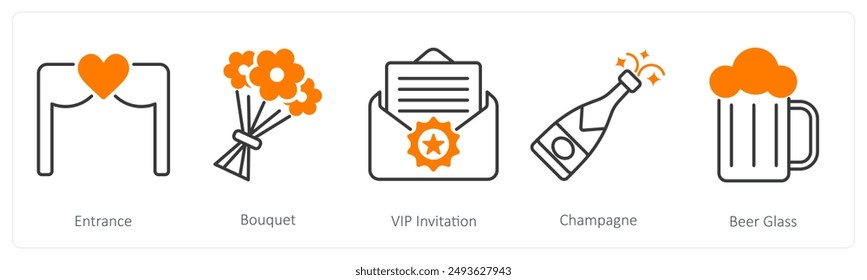 A set of 5 Party and Celebration icons as entrance, bouquet, vip invitation