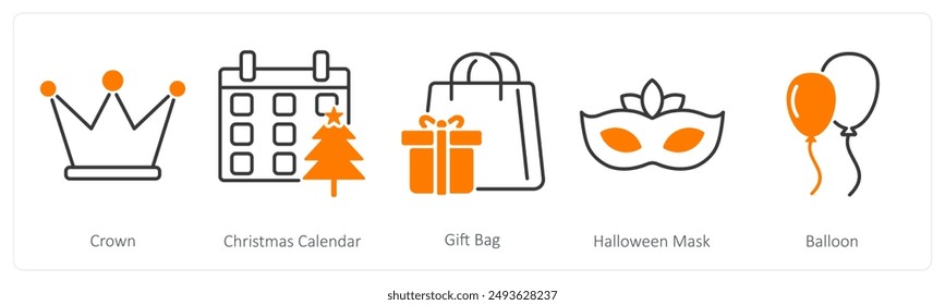 Un conjunto de 5 iconos de fiesta y celebración como corona, calendario de Navidad, bolsa de regalo