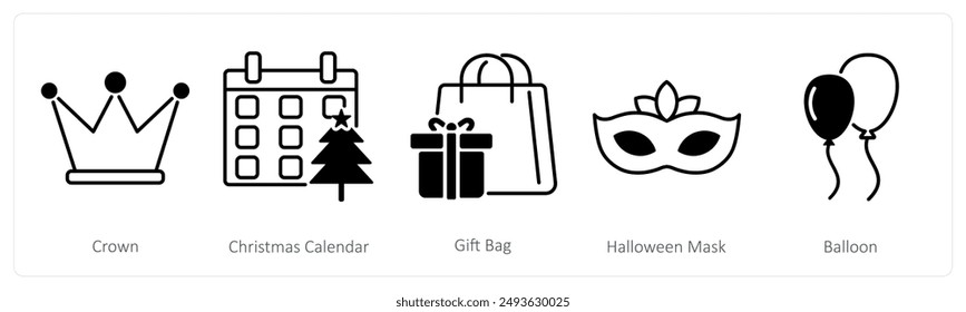 Un conjunto de 5 iconos de fiesta y celebración como corona, calendario de Navidad, bolsa de regalo