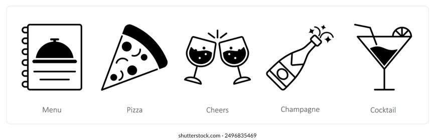 A set of 5 Party and Celebration icons as menu, pizza, cheers