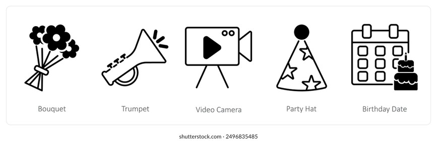 A set of 5 Party and Celebration icons as bouquet, trumpet, video camera