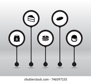 Set Of 5 Pastry Icons Set.Collection Of Sack, Custard, Pastry And Other Elements.