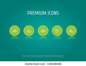 Set of 5 people icons line style set. Collection of house, married, father with son and other elements.