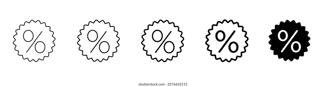 Set of 5 Percentage icon, 1 Silhouette, 1 unexpanded vector, sale badge icon featuring percent price tag for special offers, promotions, discounts, flat sale, percent icon